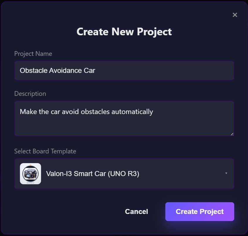 Create project dialog